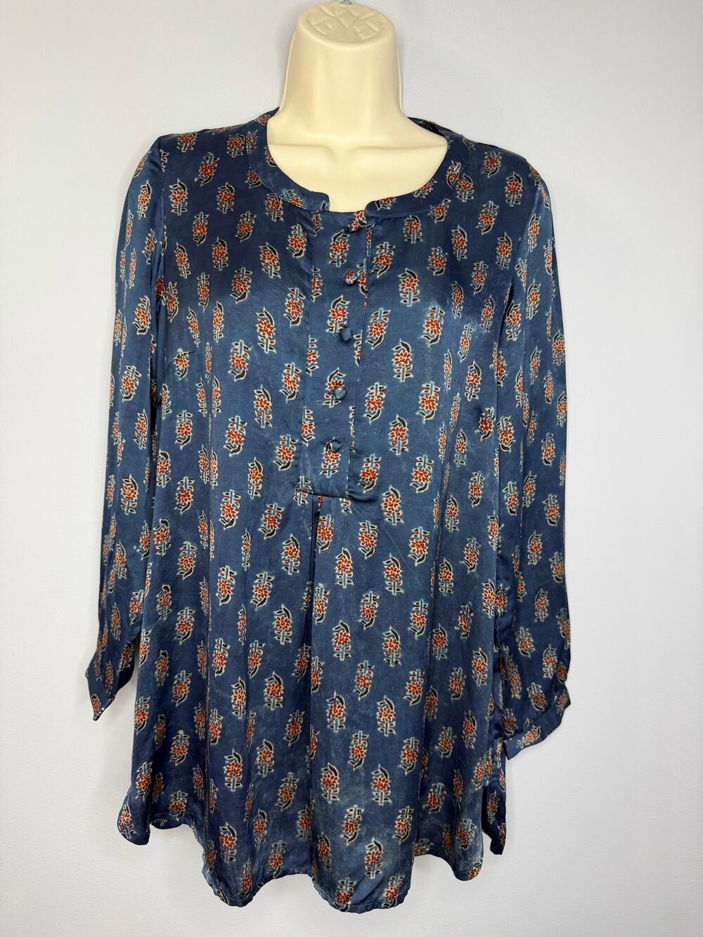 FOLKSONG Tunic Top Blue Floral Block Print Long Sleeve Boho Blouse Sz M - Picture 1 of 16